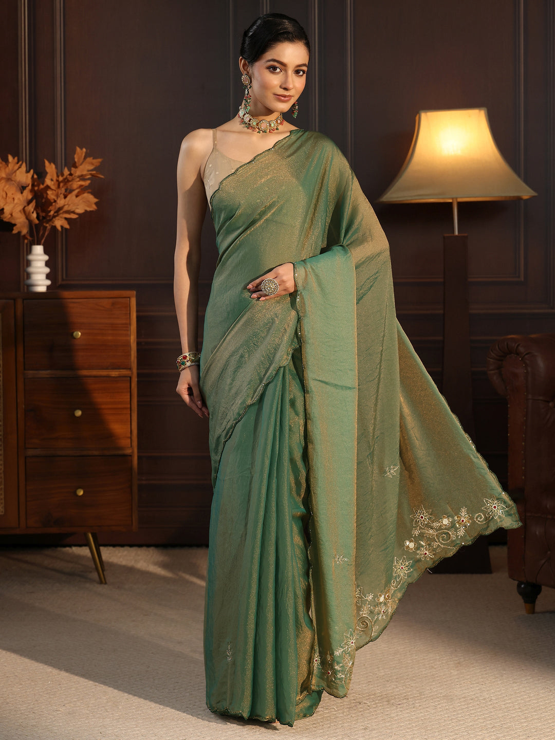  Libas Green Tissue Saree with Floral Embroidered Border 