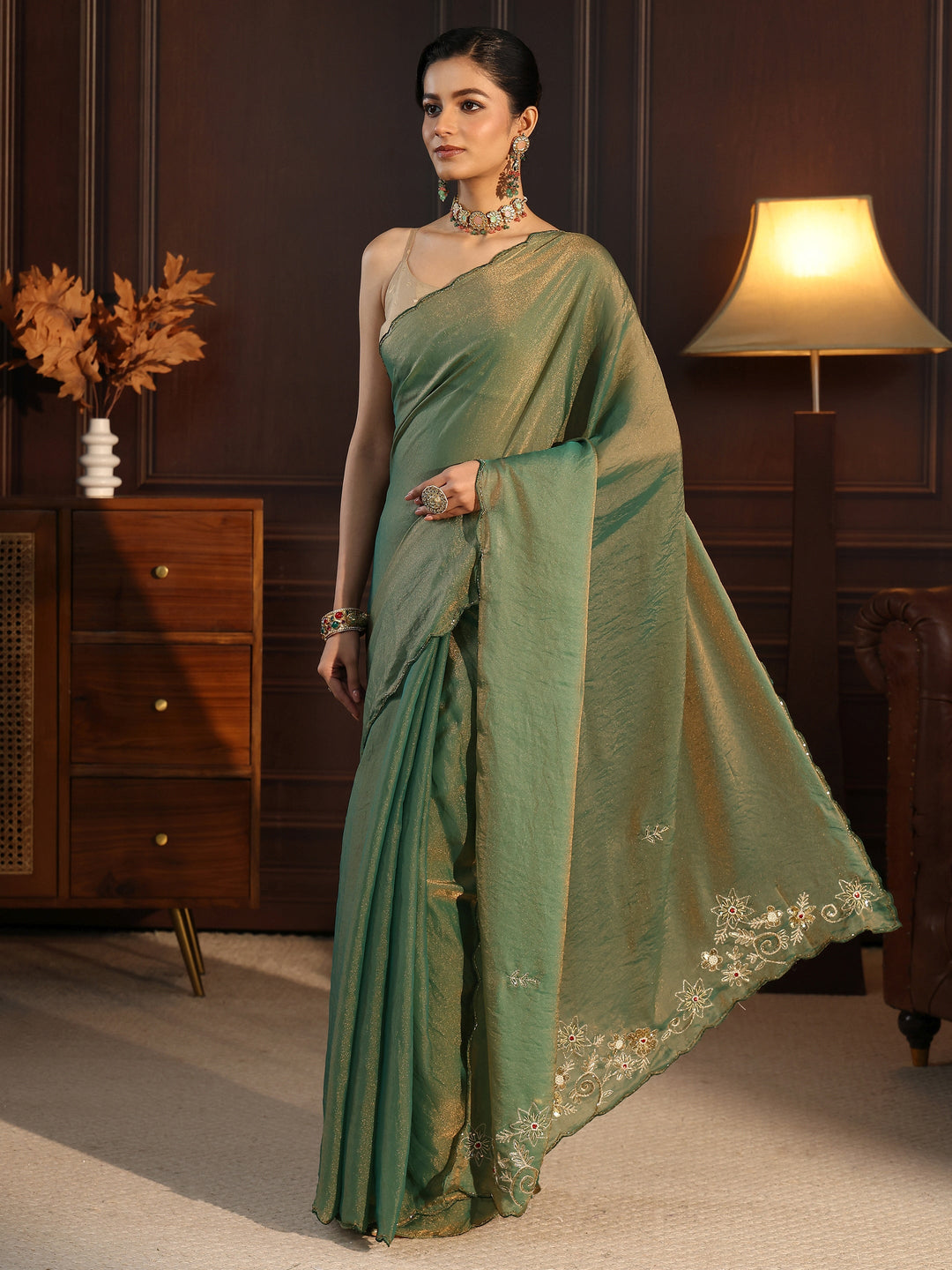  Libas Green Tissue Saree with Floral Embroidered Border 