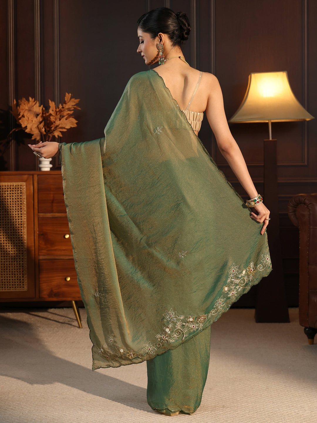  Libas Green Tissue Saree with Floral Embroidered Border 