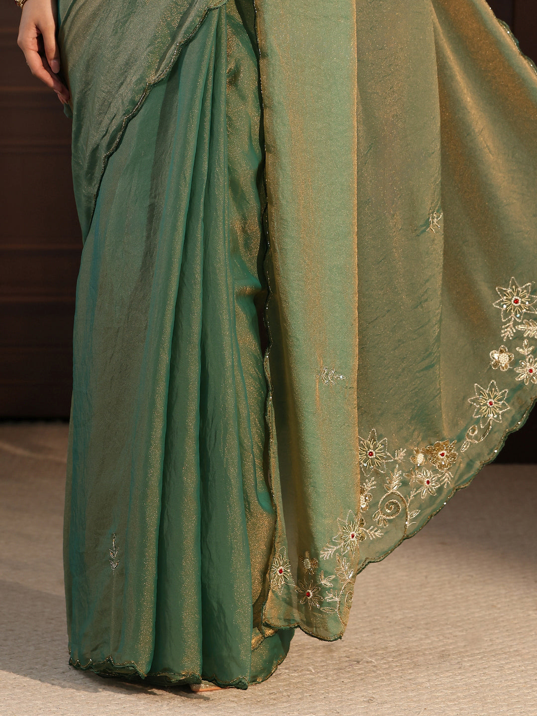  Libas Green Tissue Saree with Floral Embroidered Border 