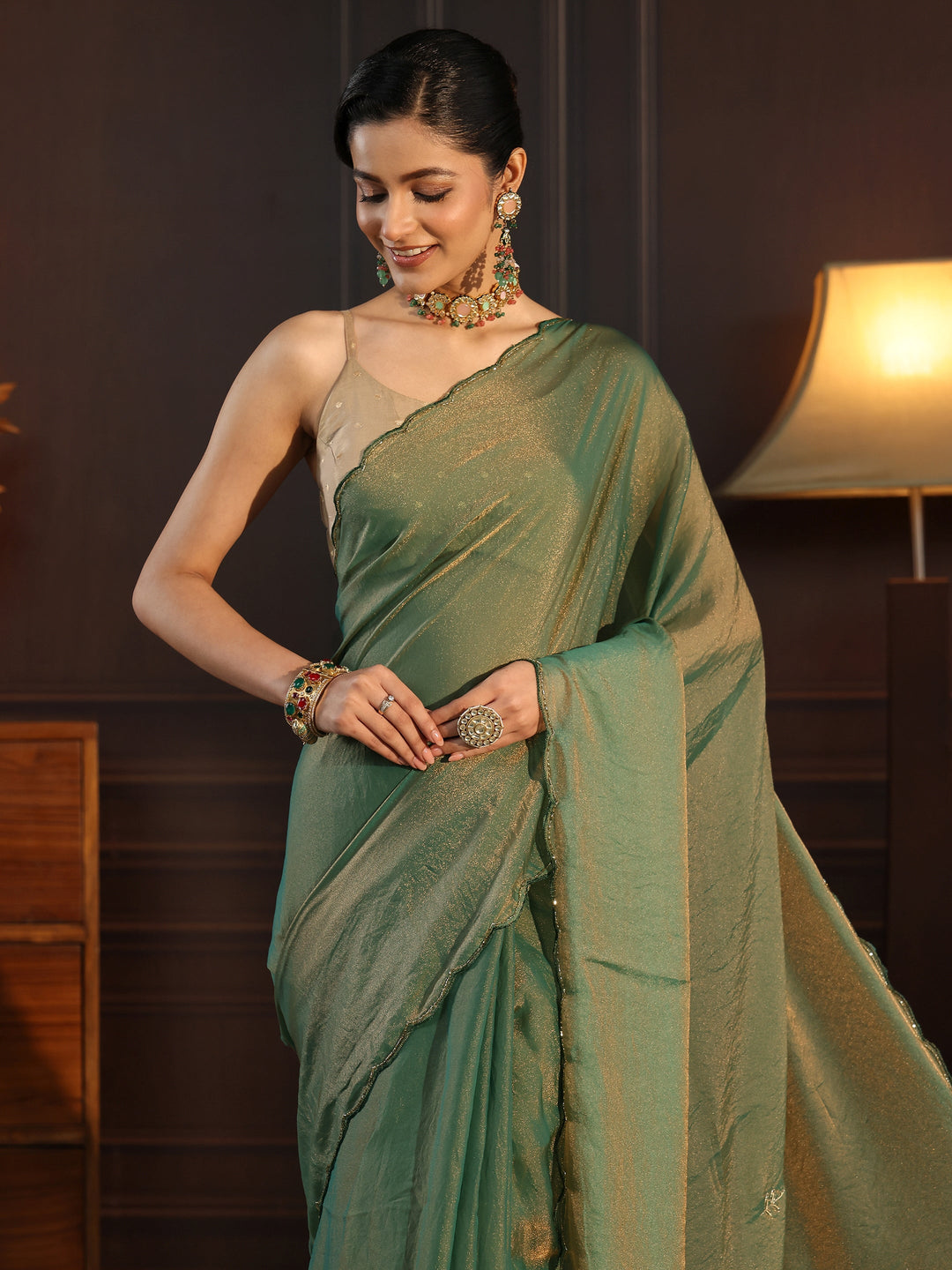 Libas Green Tissue Saree with Floral Embroidered Border 