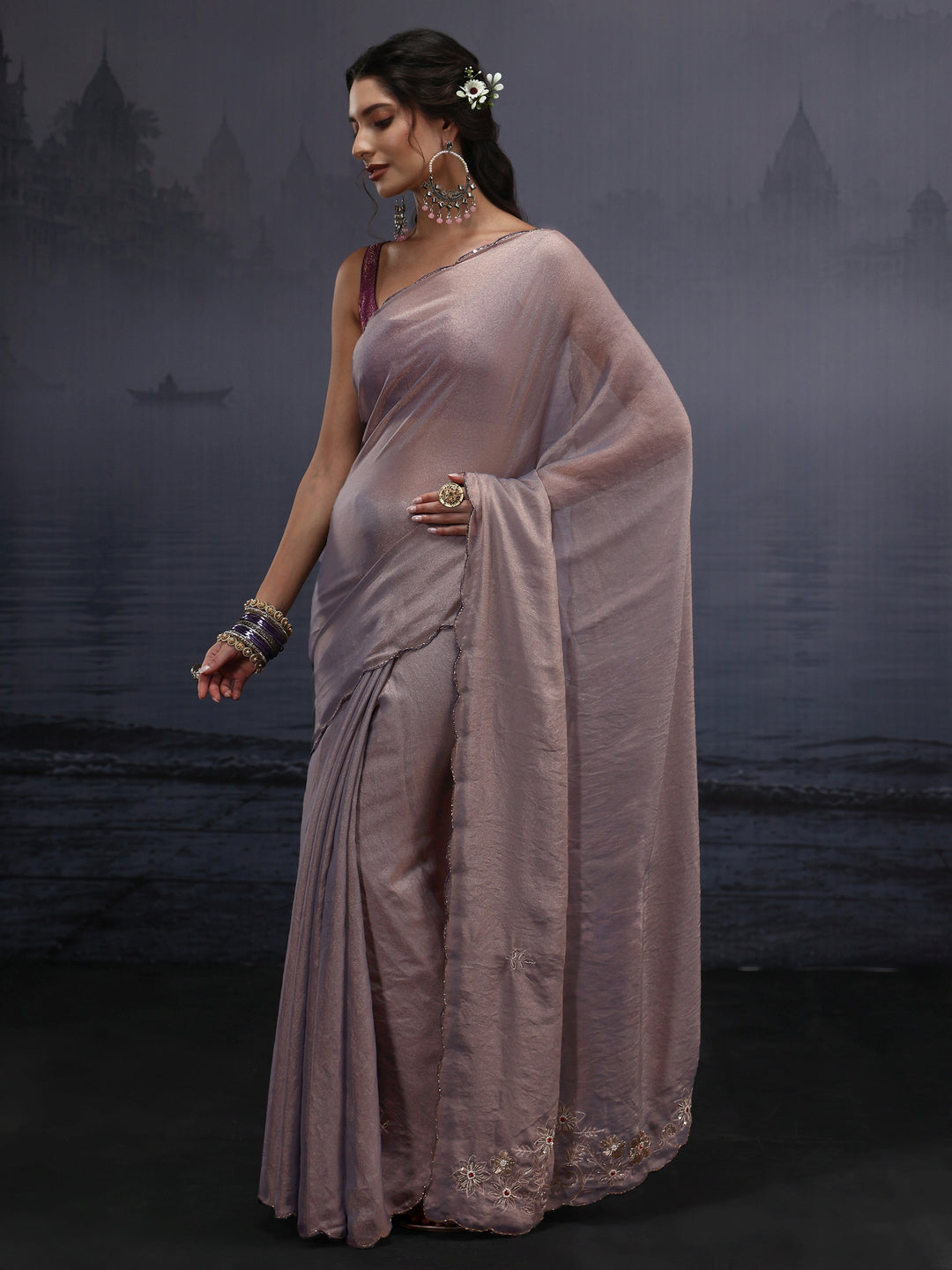  Libas Grey Tissue Saree with Embroidered Pallu 