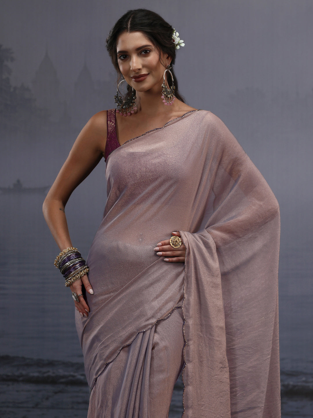  Libas Grey Tissue Saree with Embroidered Pallu 