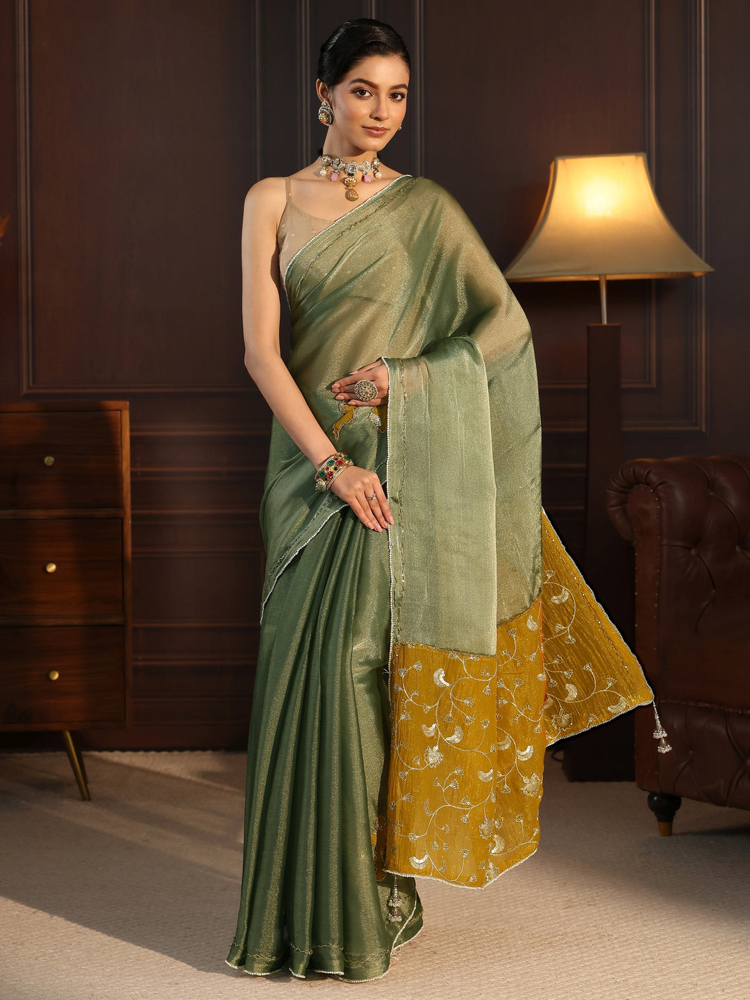  Libas Green Tissue Saree with Embellished Pallu 
