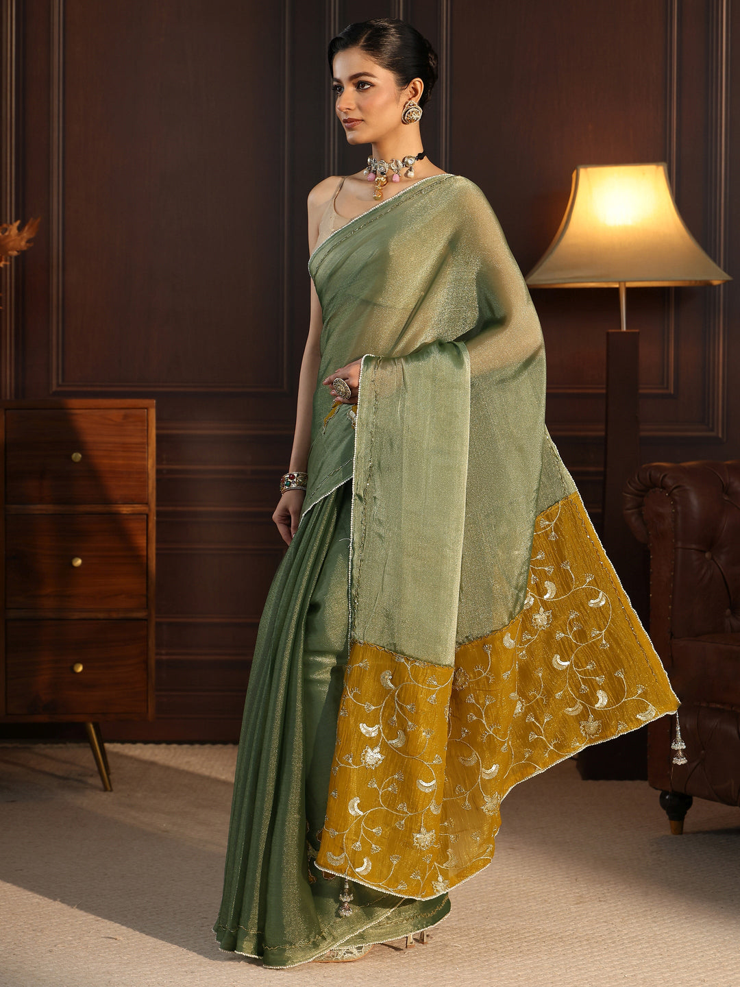  Libas Green Tissue Saree with Embellished Pallu 