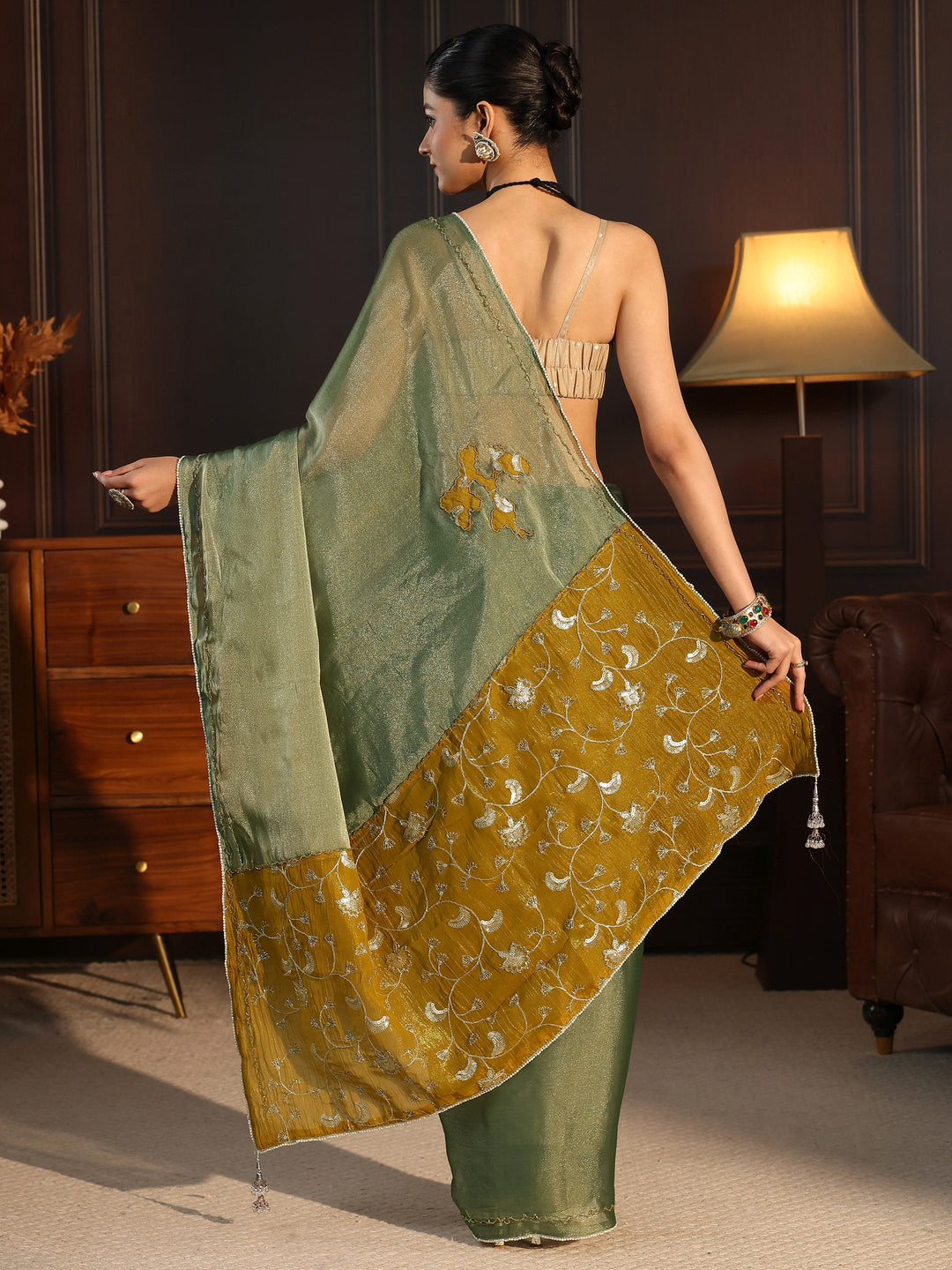  Libas Green Tissue Saree with Embellished Pallu 