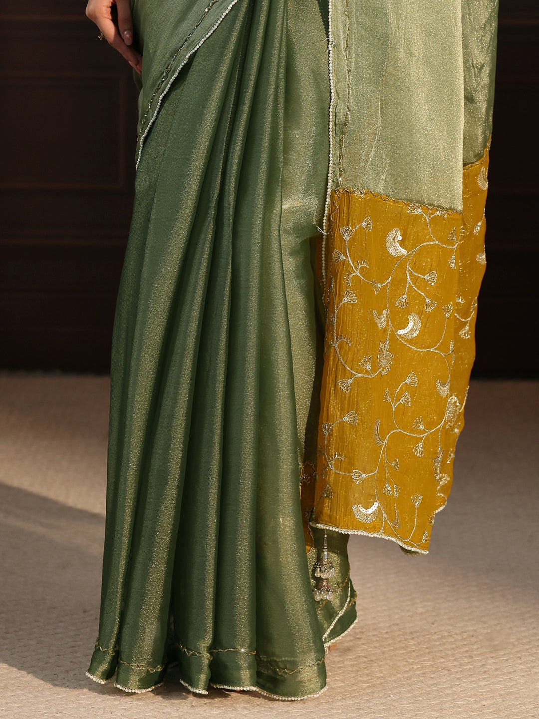  Libas Green Tissue Saree with Embellished Pallu 