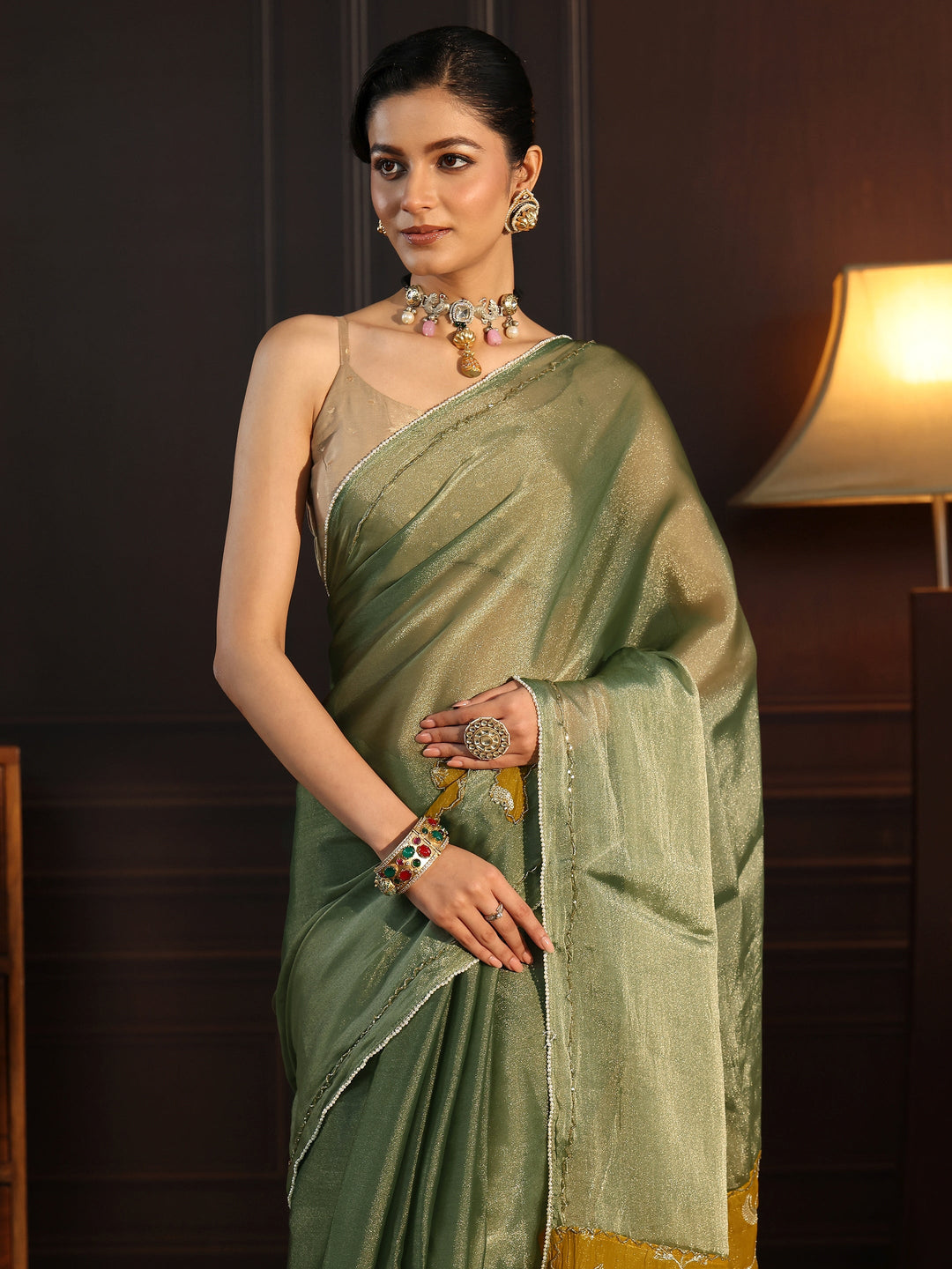  Libas Green Tissue Saree with Embellished Pallu 