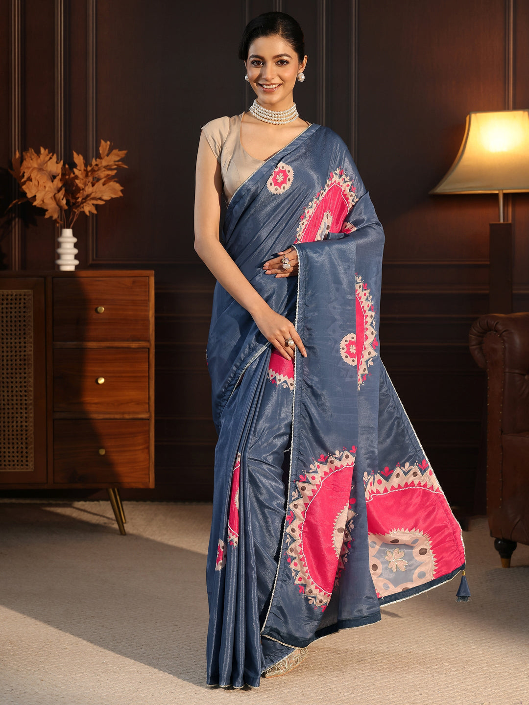  Libas Navy Blue Printed Silk Blend Saree with Applique Work 