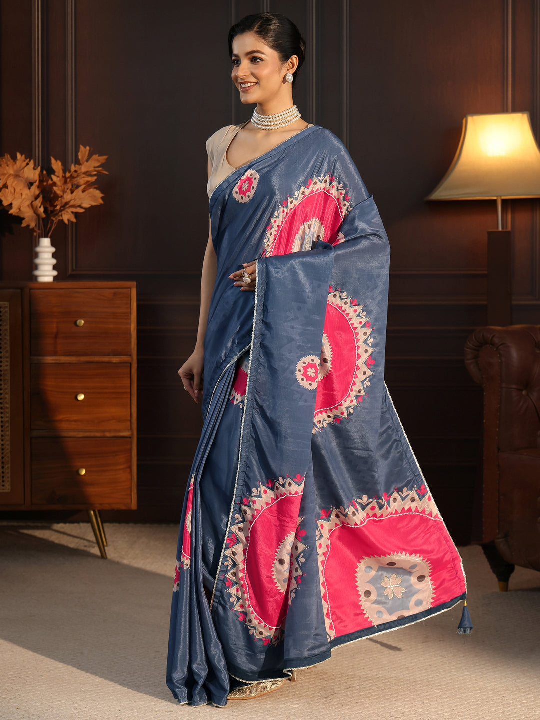  Libas Navy Blue Printed Silk Blend Saree with Applique Work 