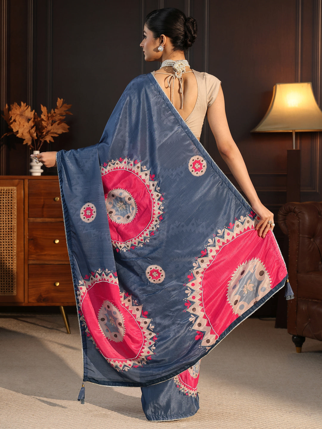  Libas Navy Blue Printed Silk Blend Saree with Applique Work 