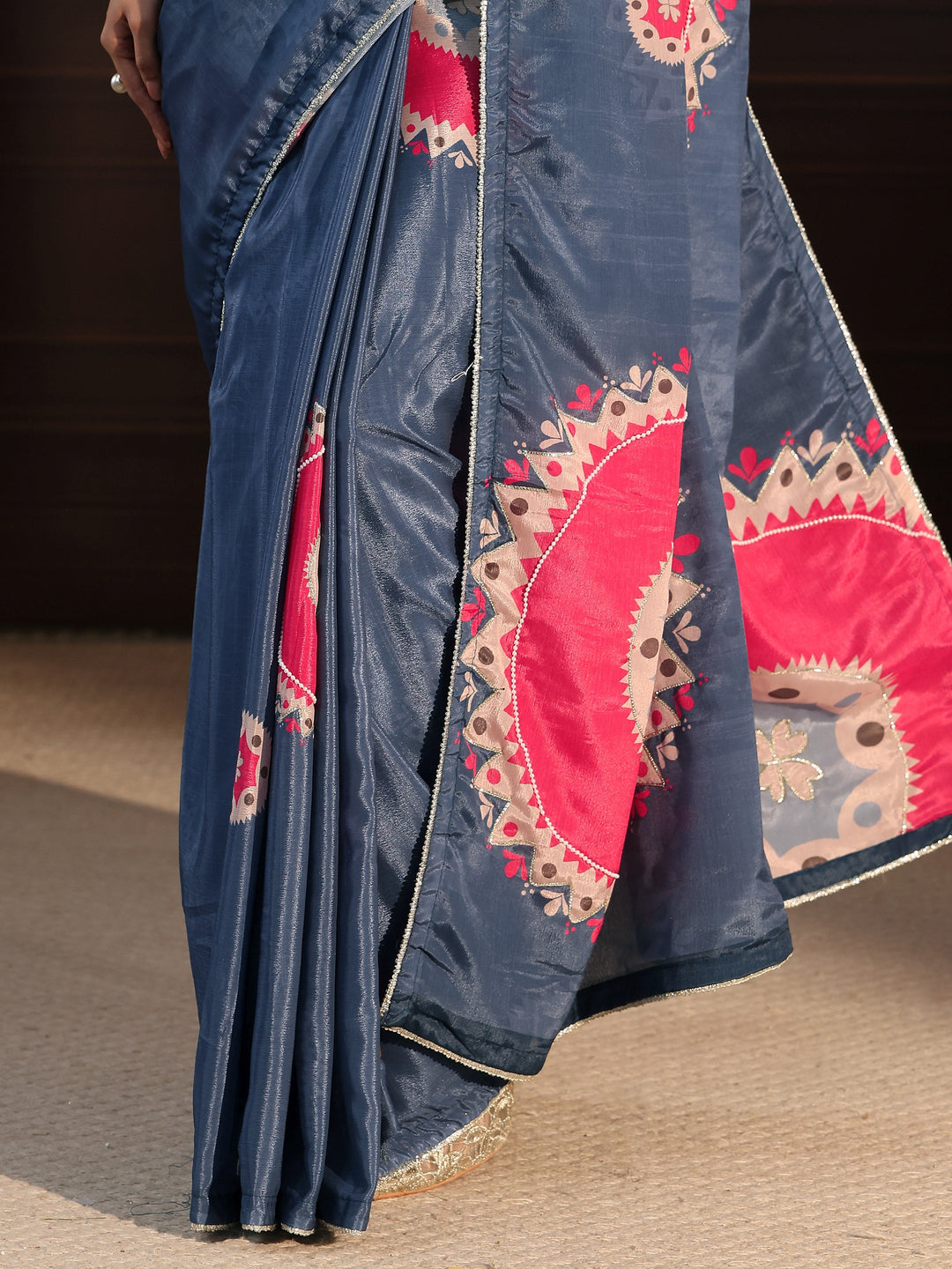  Libas Navy Blue Printed Silk Blend Saree with Applique Work 