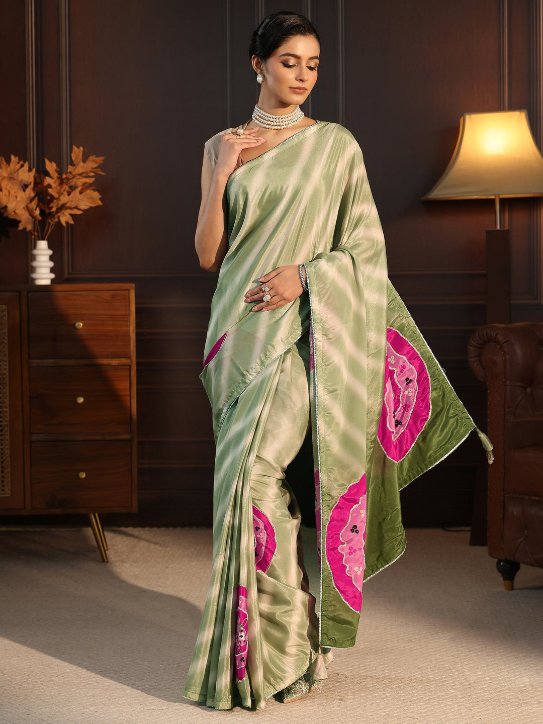  Libas Ombre Green Printed Silk Blend Saree with Applique Work 