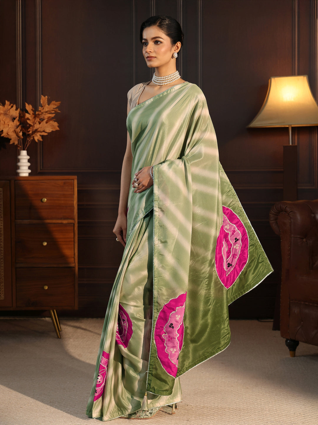  Libas Ombre Green Printed Silk Blend Saree with Applique Work 