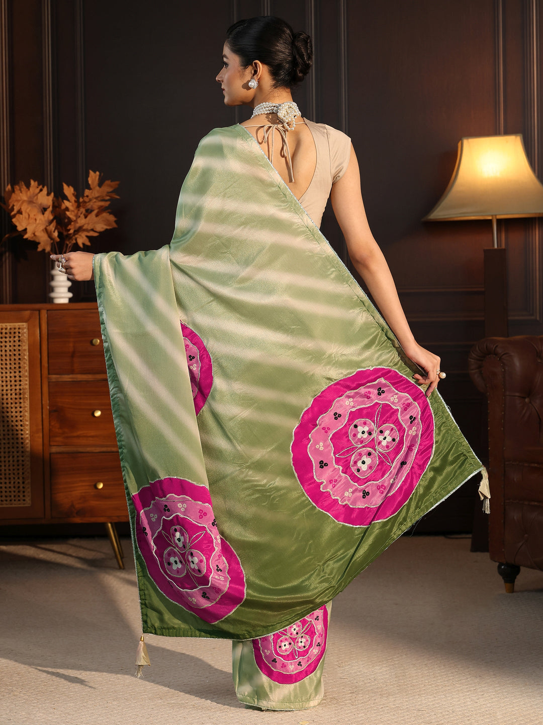  Libas Ombre Green Printed Silk Blend Saree with Applique Work 