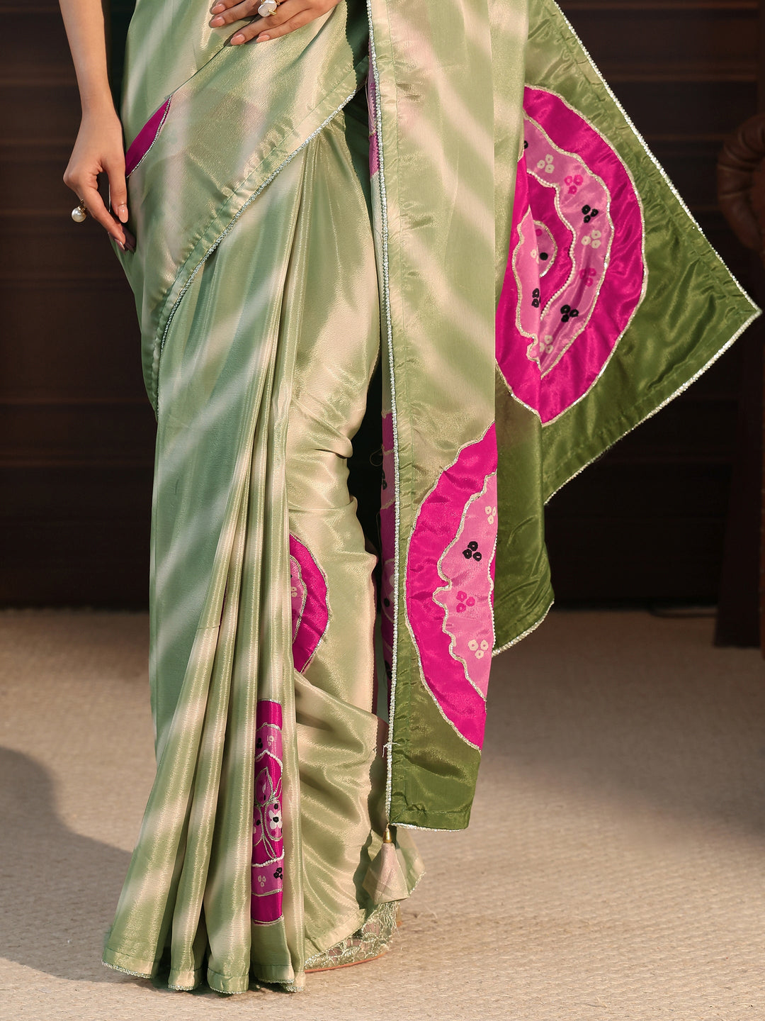  Libas Ombre Green Printed Silk Blend Saree with Applique Work 