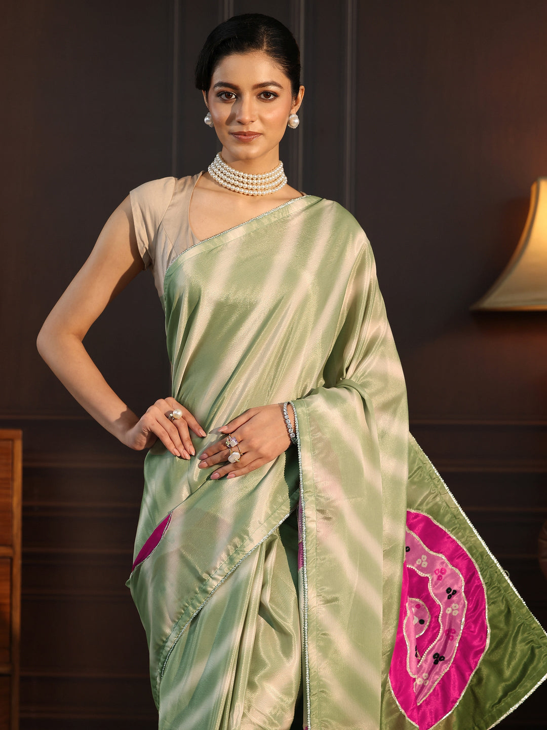  Libas Ombre Green Printed Silk Blend Saree with Applique Work 