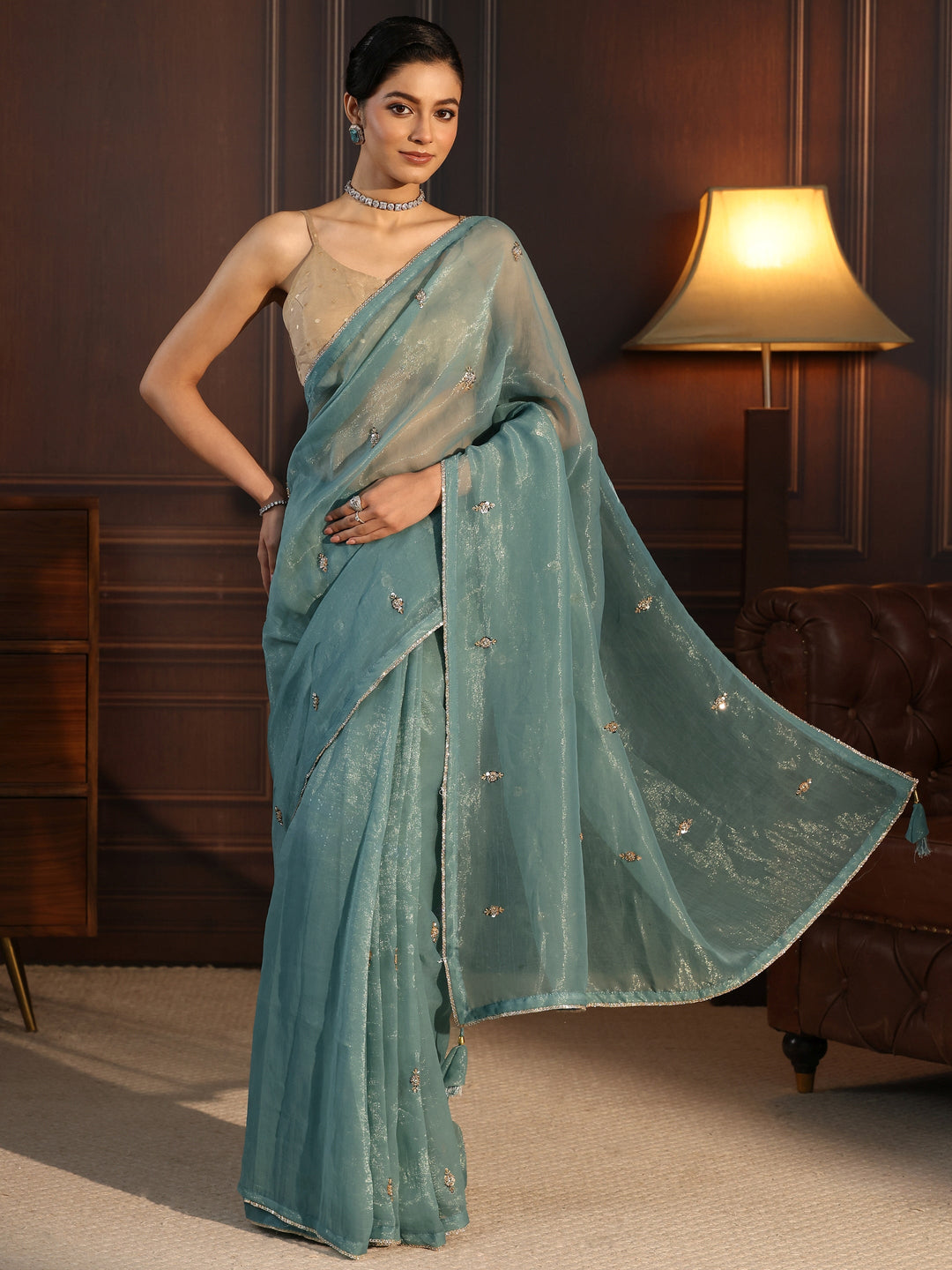  Libas Aqua Blue Sequin Embellished Tissue Saree 