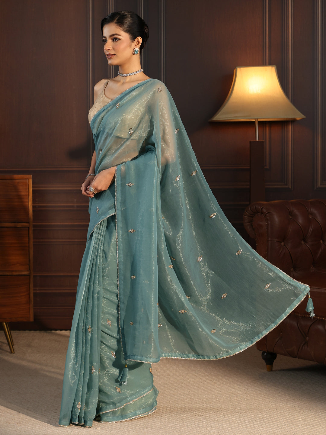  Libas Aqua Blue Sequin Embellished Tissue Saree 