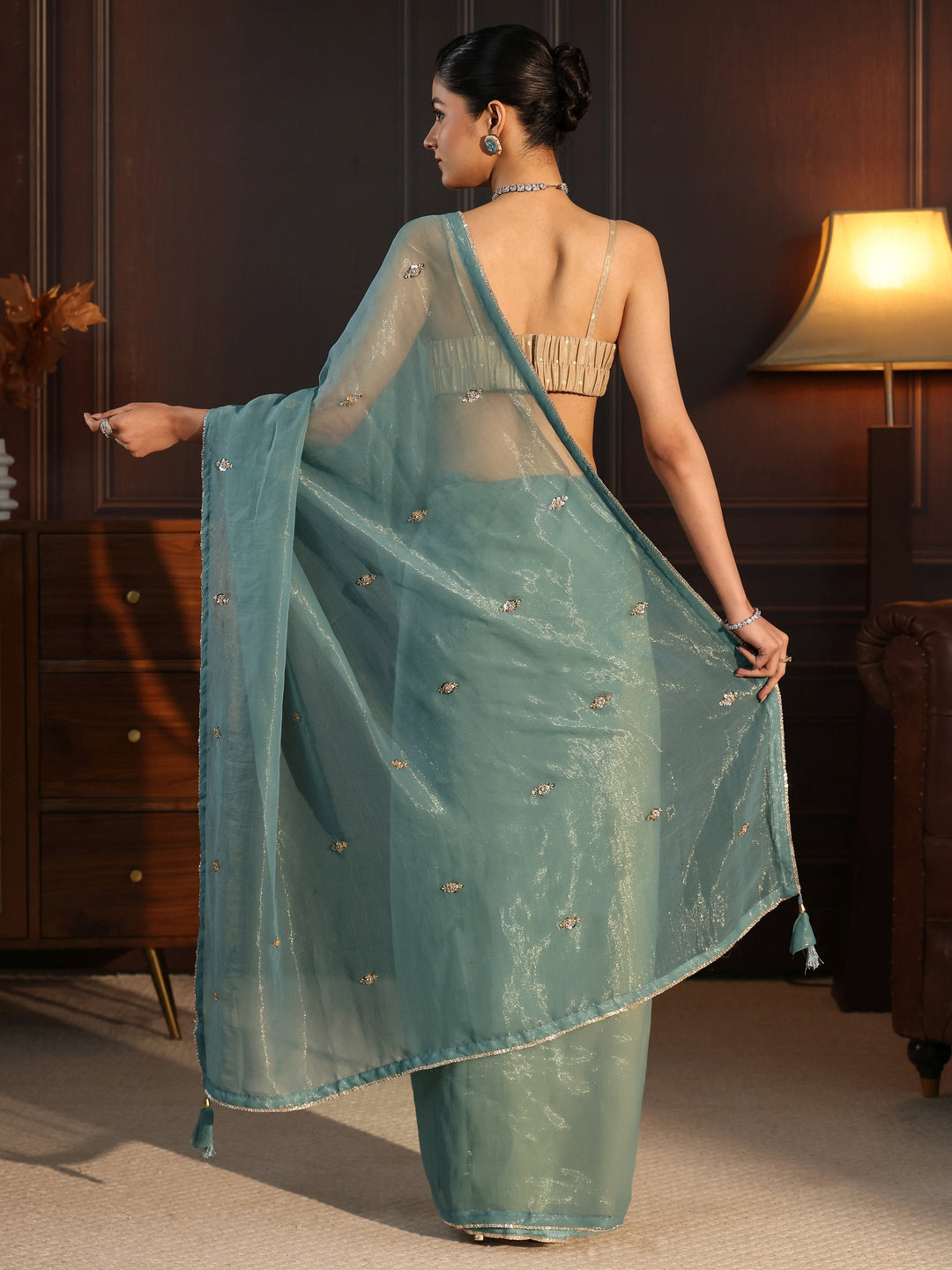  Libas Aqua Blue Sequin Embellished Tissue Saree 