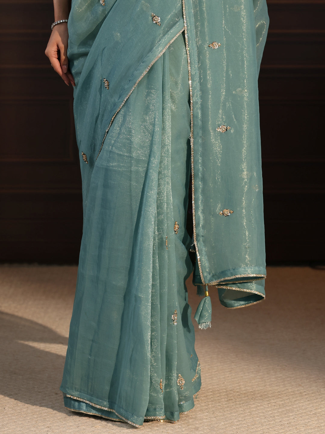  Libas Aqua Blue Sequin Embellished Tissue Saree 