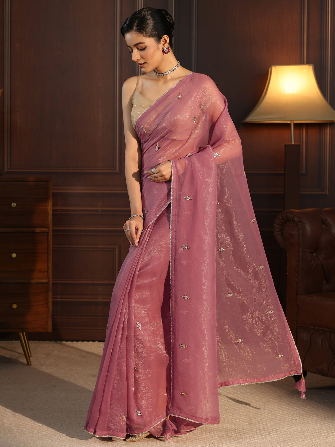  Libas Mauve Sequin Embellished Tissue Saree 