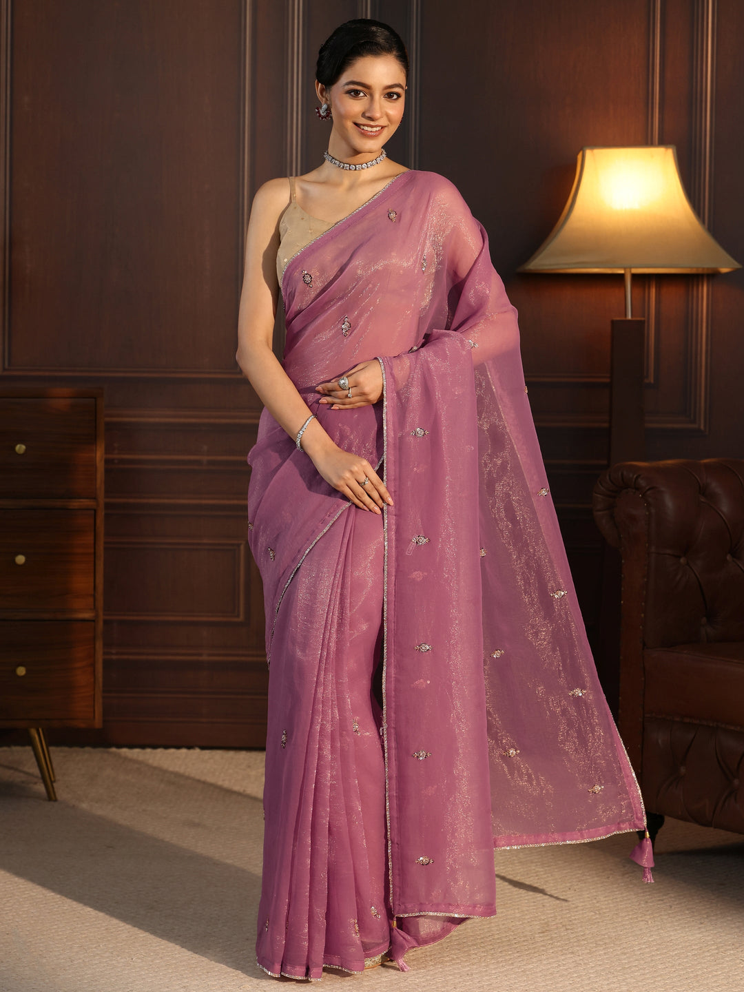  Libas Lilac Sequin Embellished Tissue Saree 