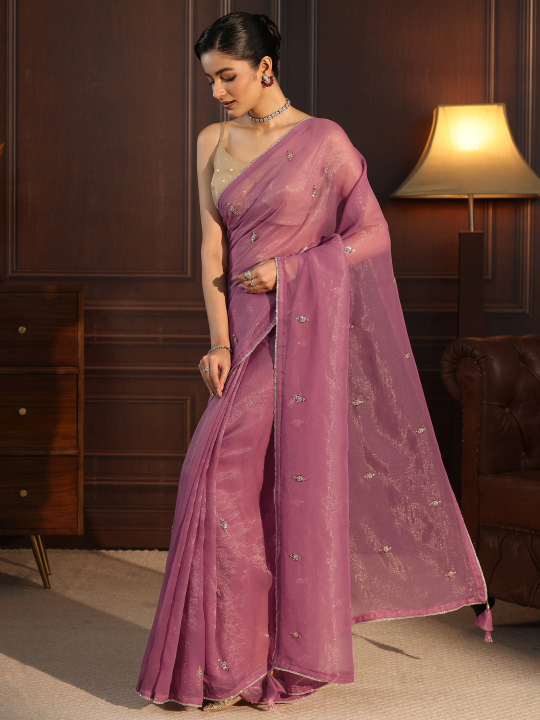  Libas Lilac Sequin Embellished Tissue Saree 