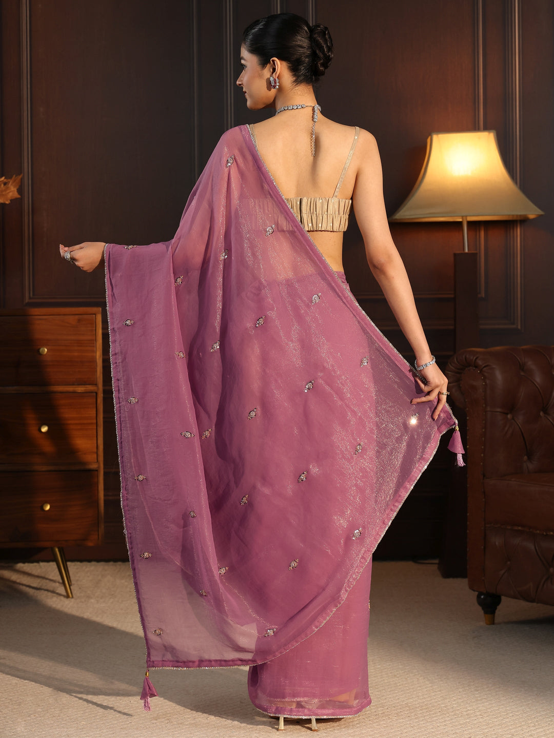  Libas Lilac Sequin Embellished Tissue Saree 