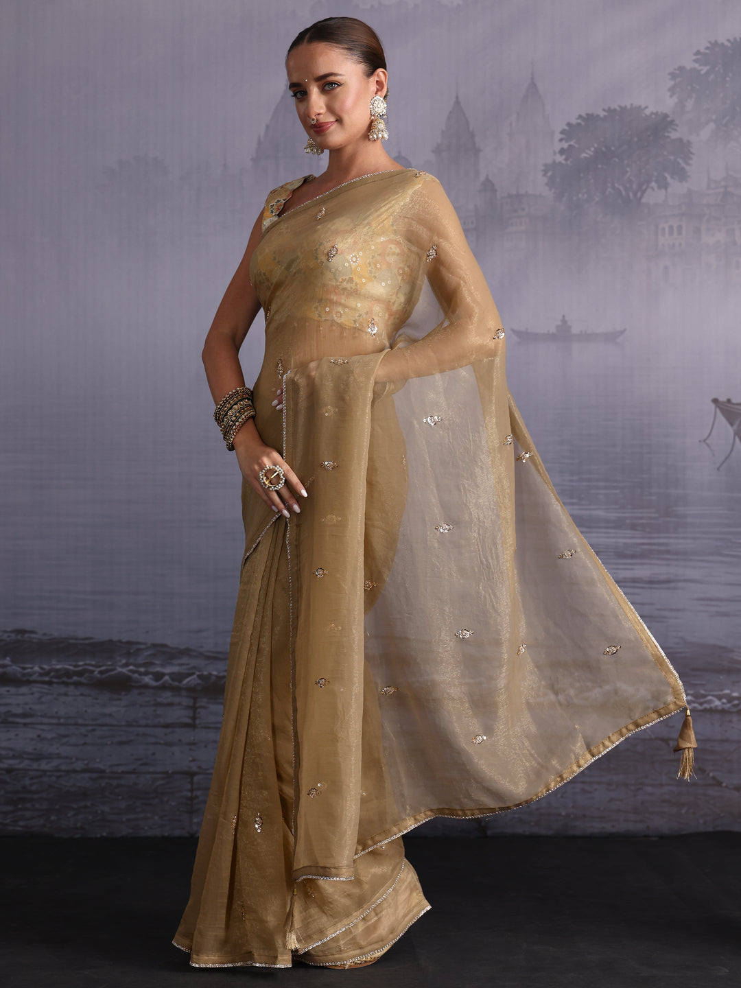  Libas Green Sequin Embellished Tissue Saree 