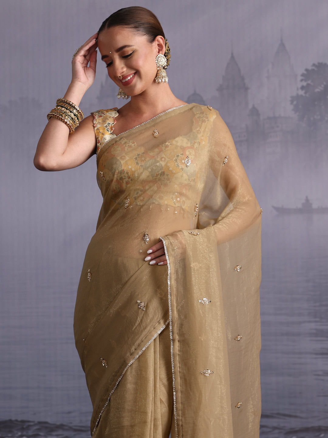  Libas Green Sequin Embellished Tissue Saree 