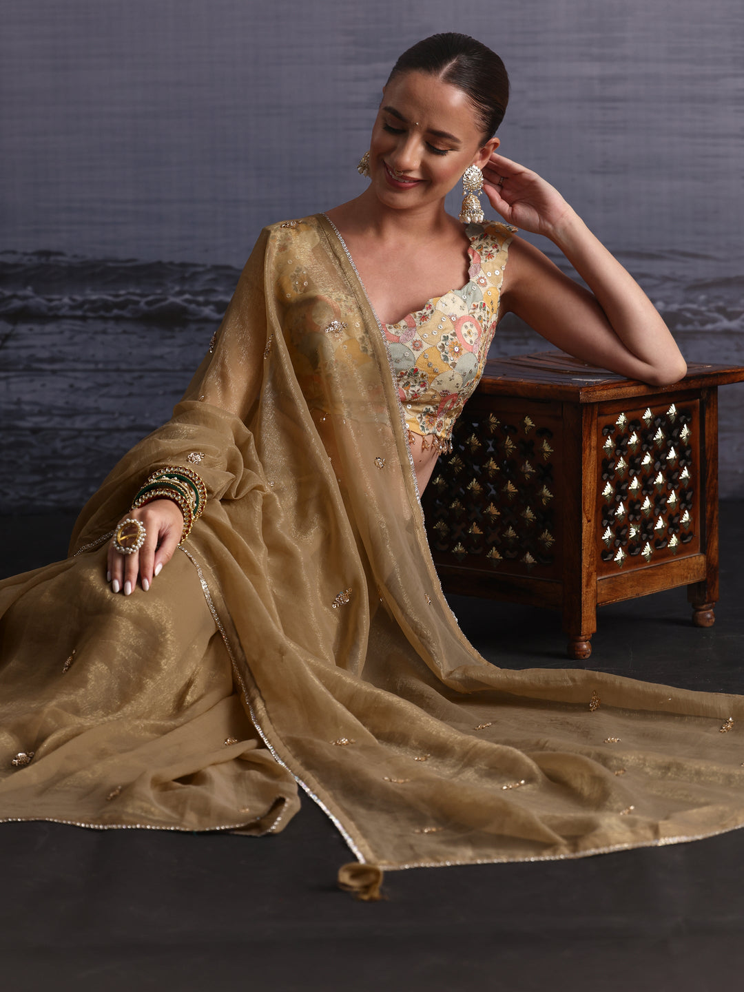  Libas Green Sequin Embellished Tissue Saree 