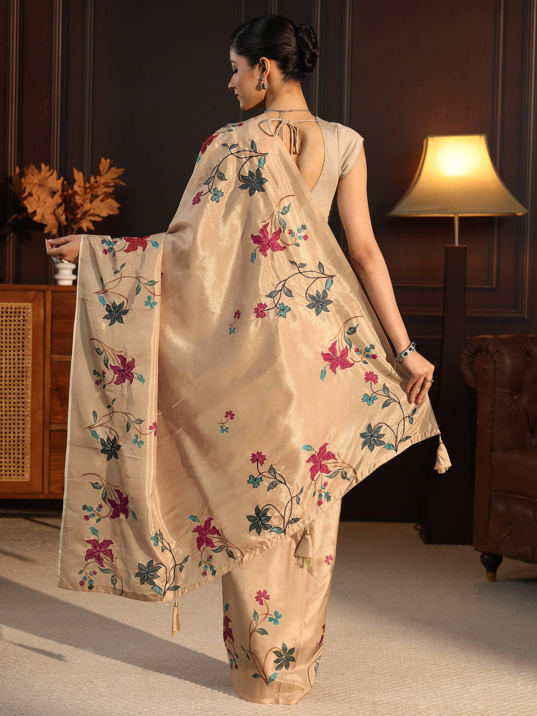  Libas Beige Floral Embroidered Silk Blend Saree 