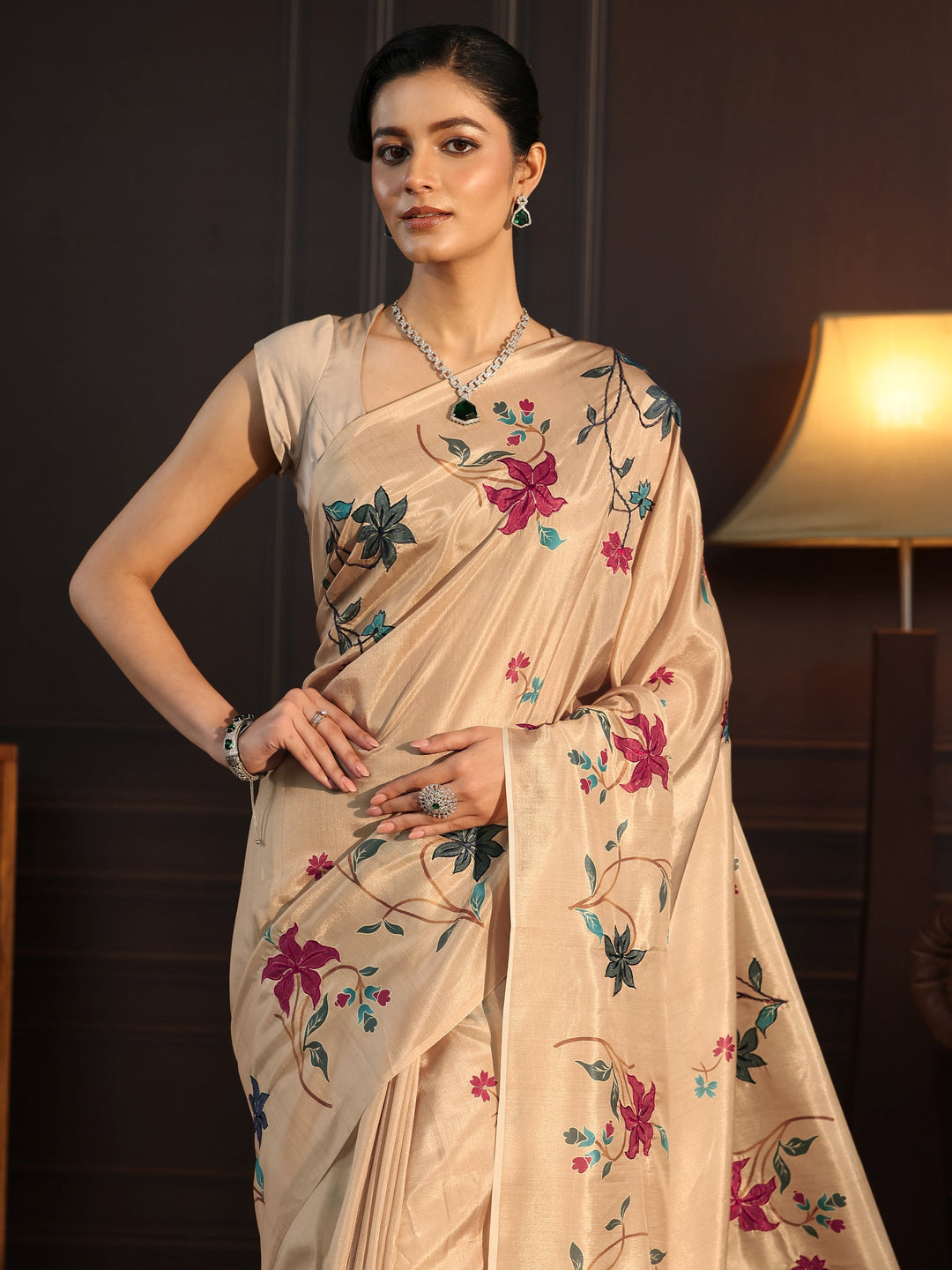  Libas Beige Floral Embroidered Silk Blend Saree 