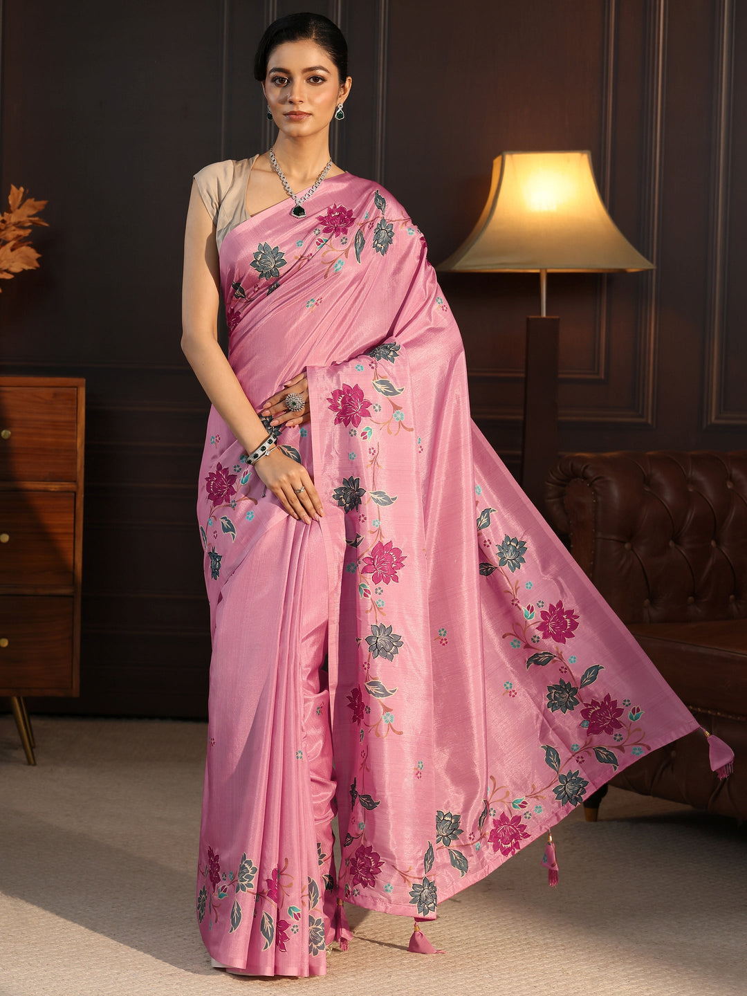  Libas Pink Floral Embroidered Silk Blend Saree 