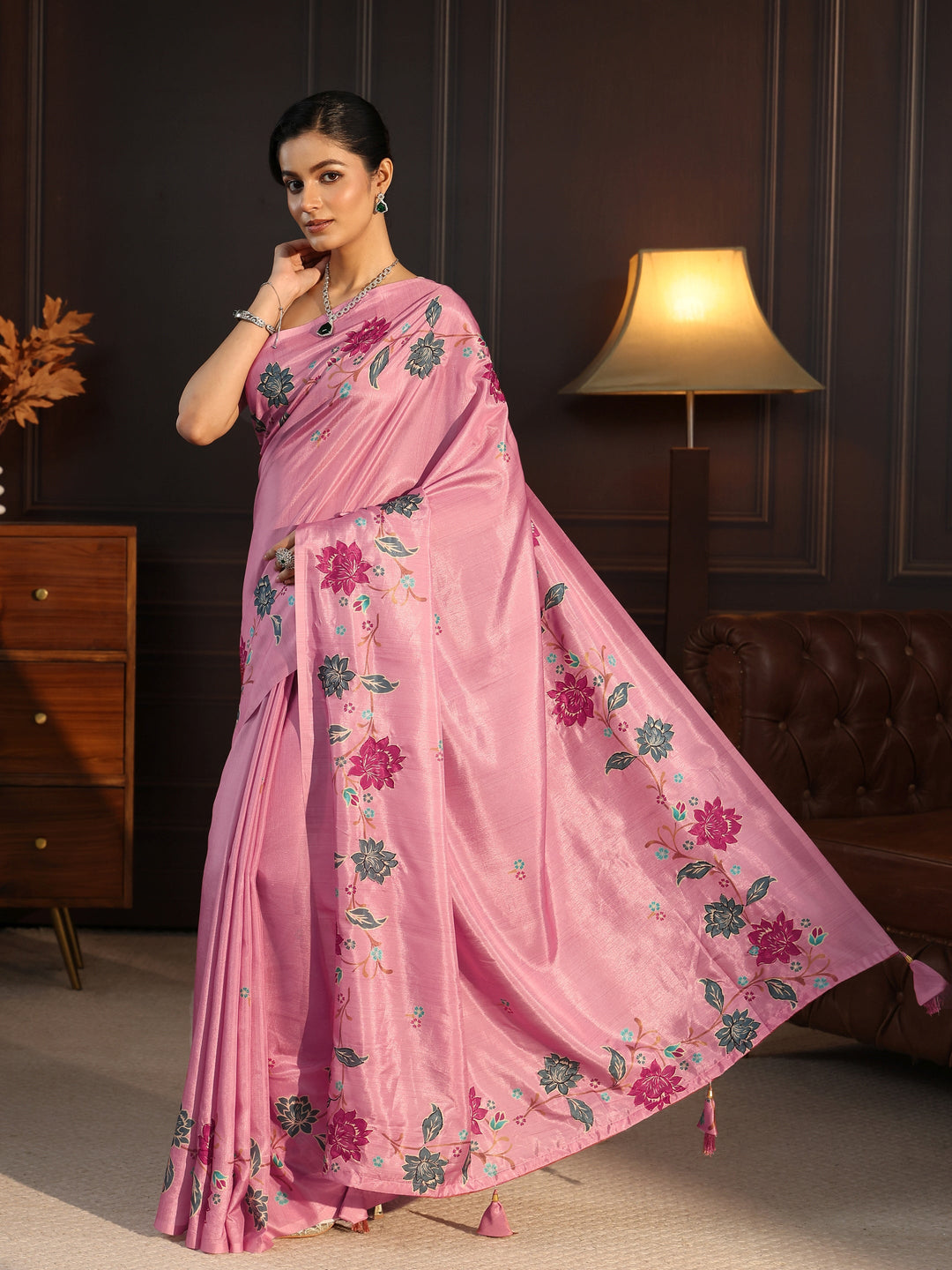  Libas Pink Floral Embroidered Silk Blend Saree 