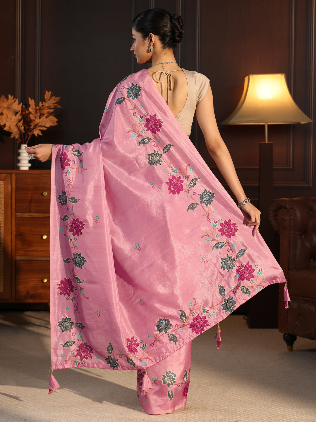  Libas Pink Floral Embroidered Silk Blend Saree 