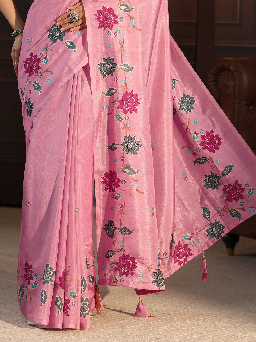  Libas Pink Floral Embroidered Silk Blend Saree 