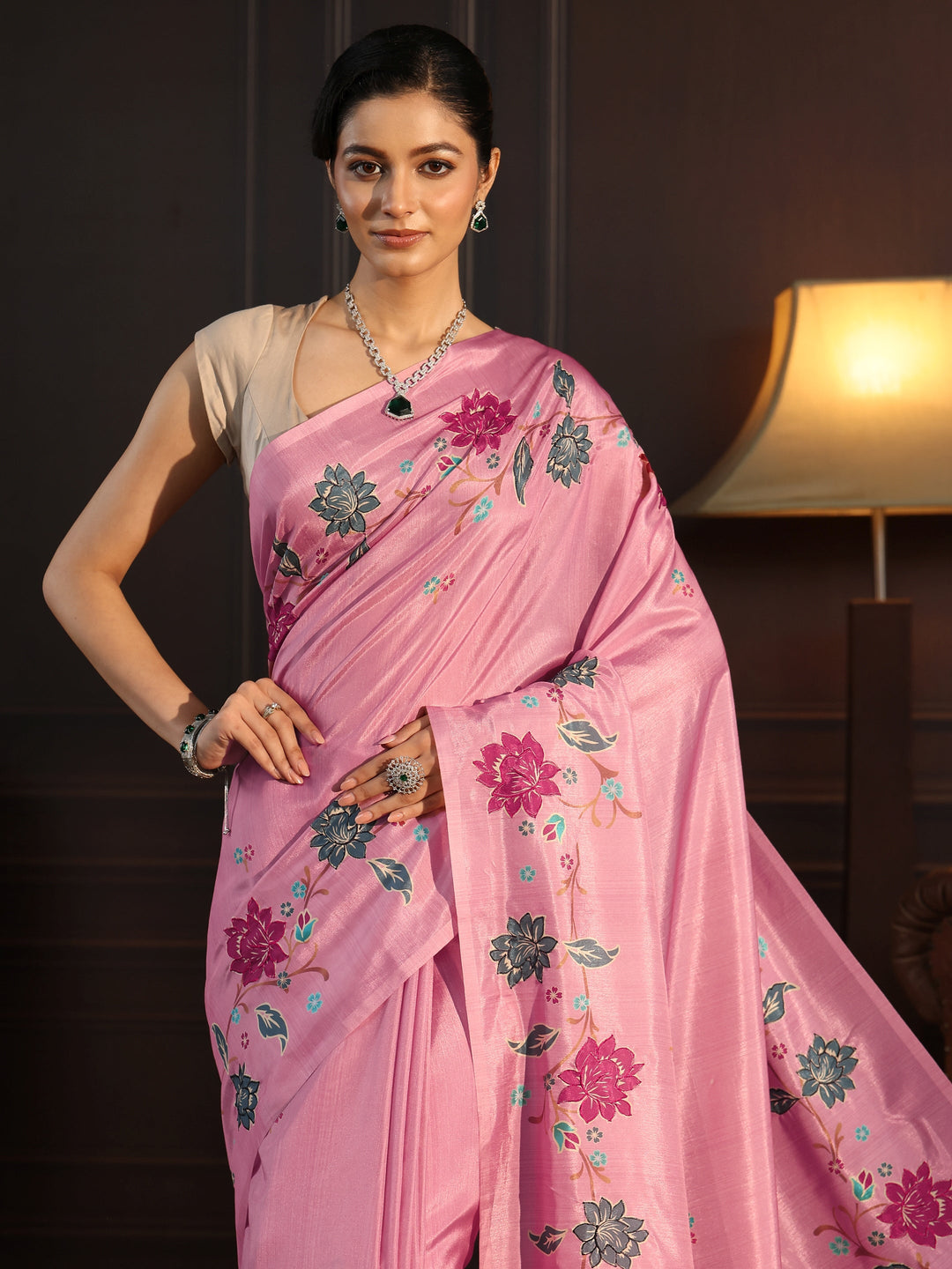  Libas Pink Floral Embroidered Silk Blend Saree 