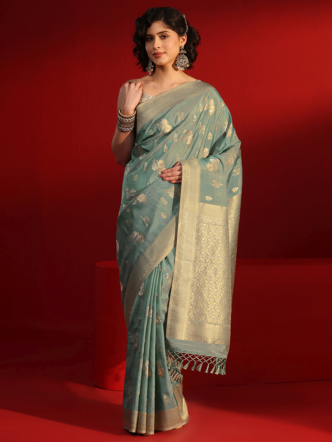  Libas Dusty Blue Floral Woven Design Silk Blend Tassel Saree 
