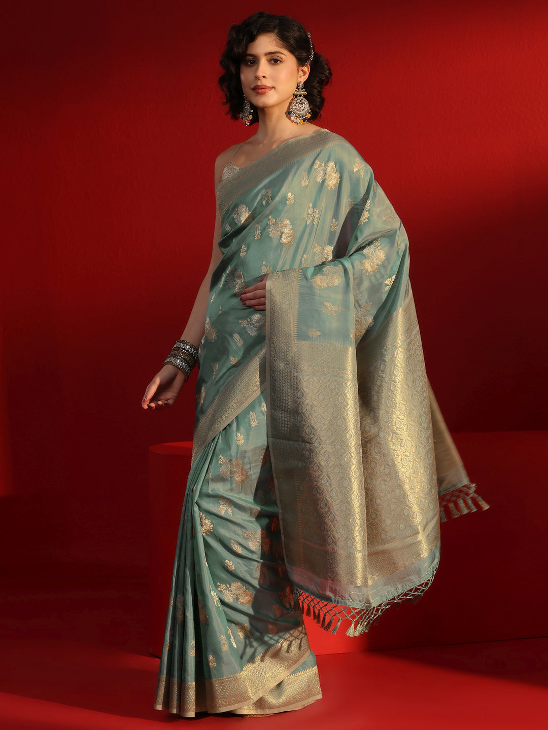 Libas Dusty Blue Floral Woven Design Silk Blend Tassel Saree 