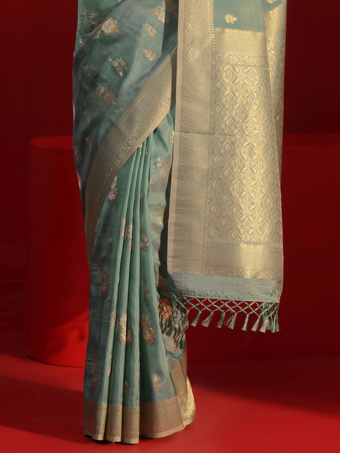  Libas Dusty Blue Floral Woven Design Silk Blend Tassel Saree 