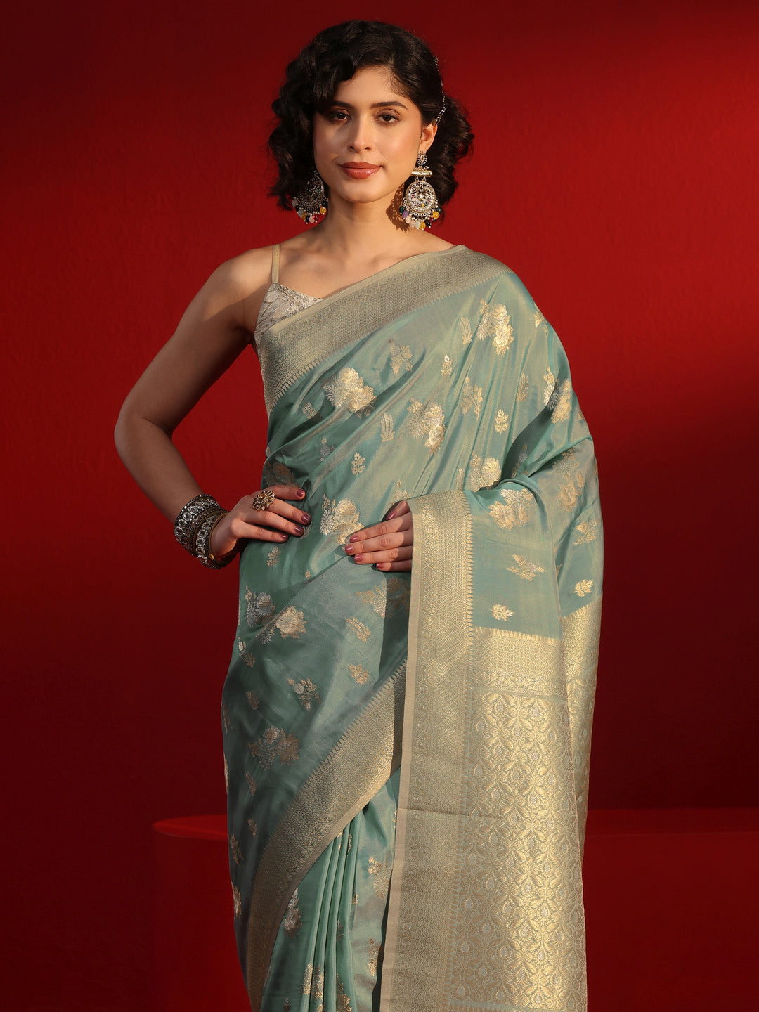  Libas Dusty Blue Floral Woven Design Silk Blend Tassel Saree 