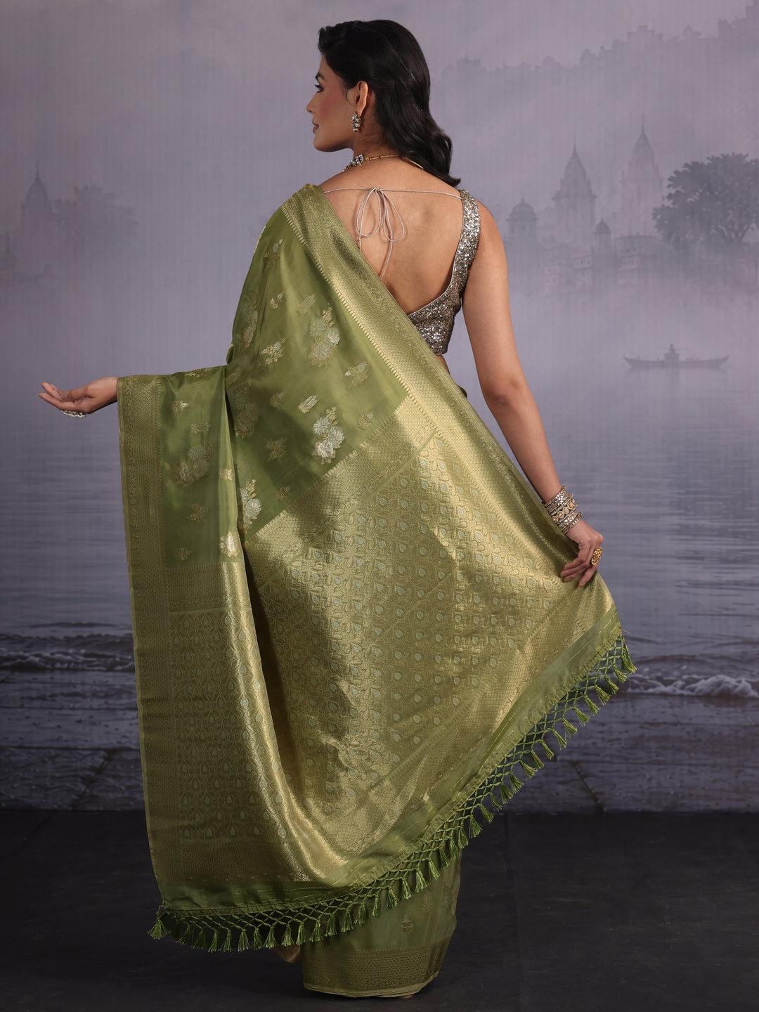  Libas Leaf Green Floral Woven Design Silk Blend Saree 