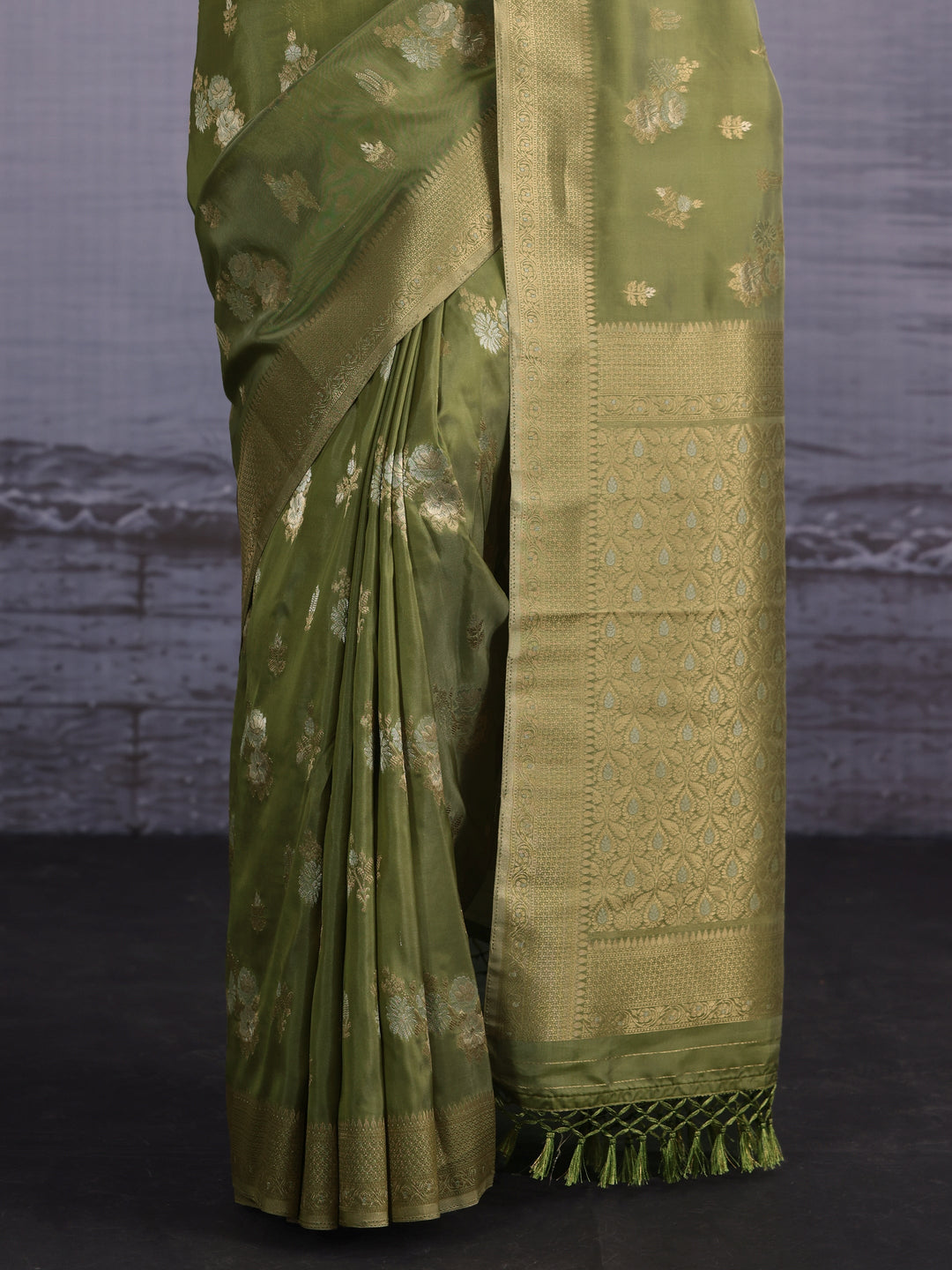  Libas Leaf Green Floral Woven Design Silk Blend Saree 