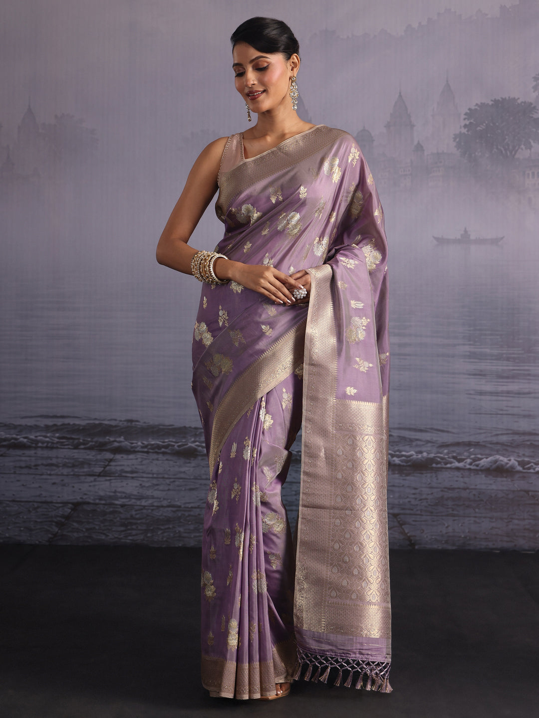  Libas Lavender Floral Woven Design Silk Blend Saree 