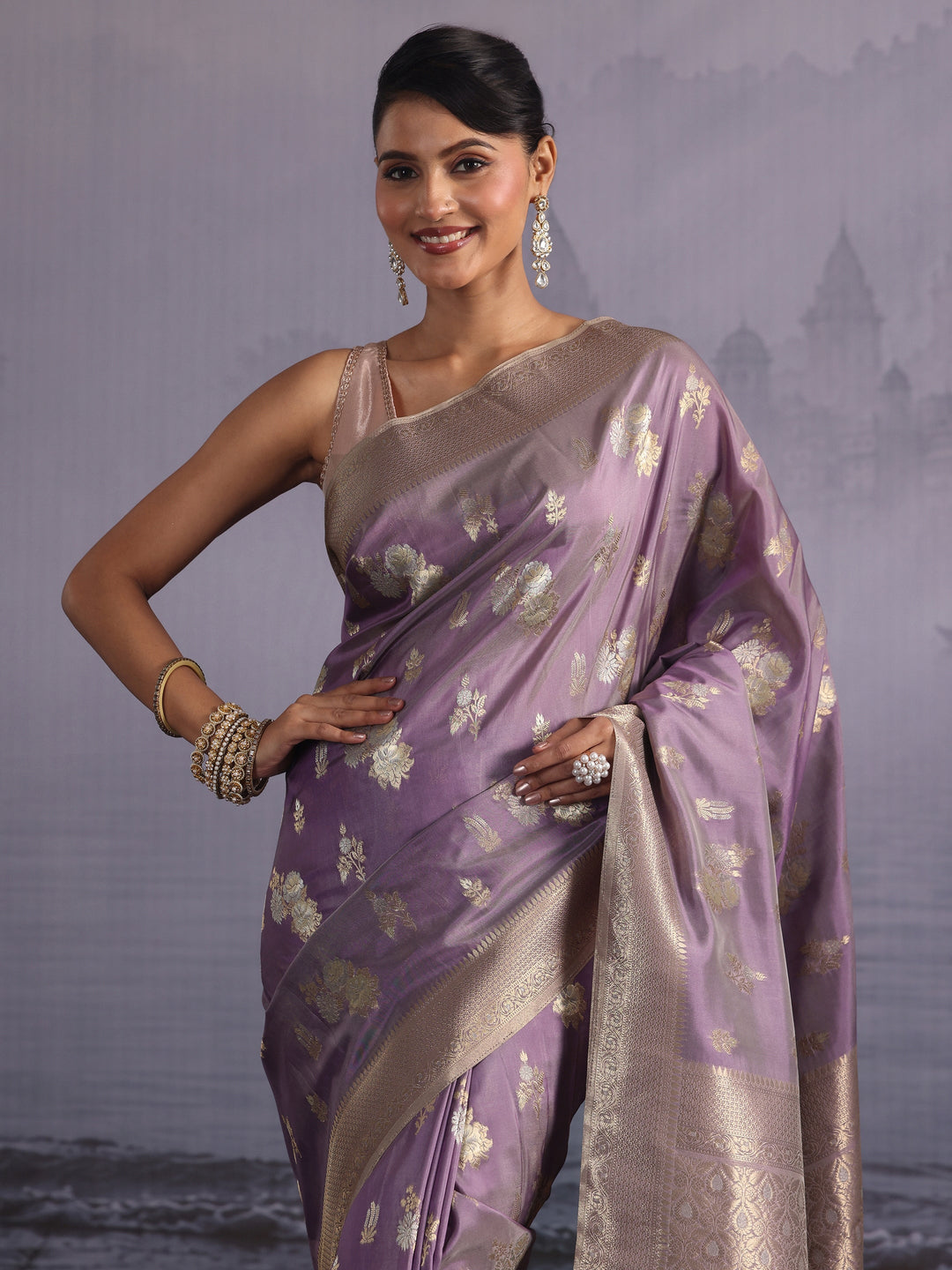  Libas Lavender Floral Woven Design Silk Blend Saree 