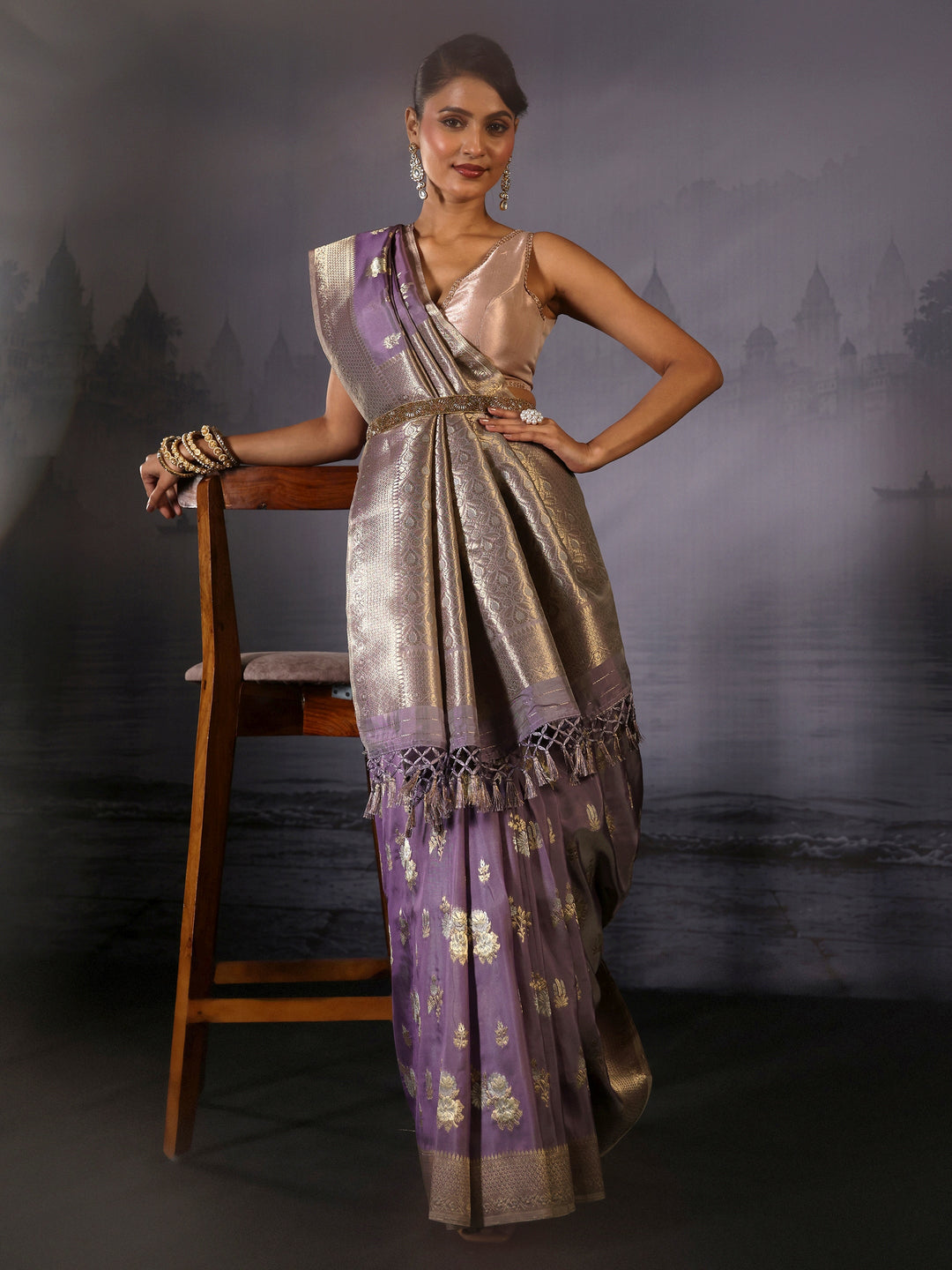 Libas Lavender Floral Woven Design Silk Blend Saree 