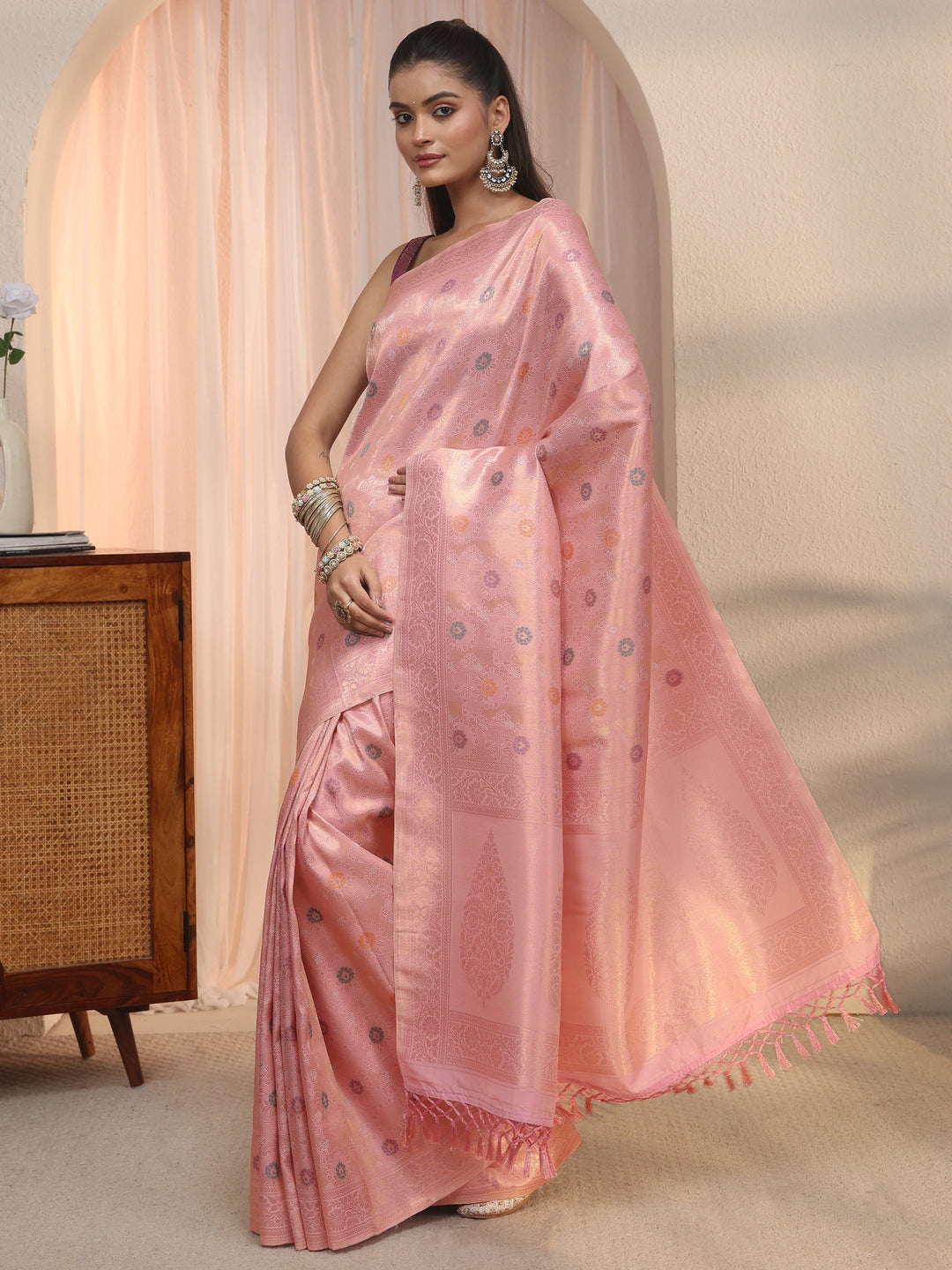  Libas Baby Pink Floral Woven Design Silk Blend Saree 