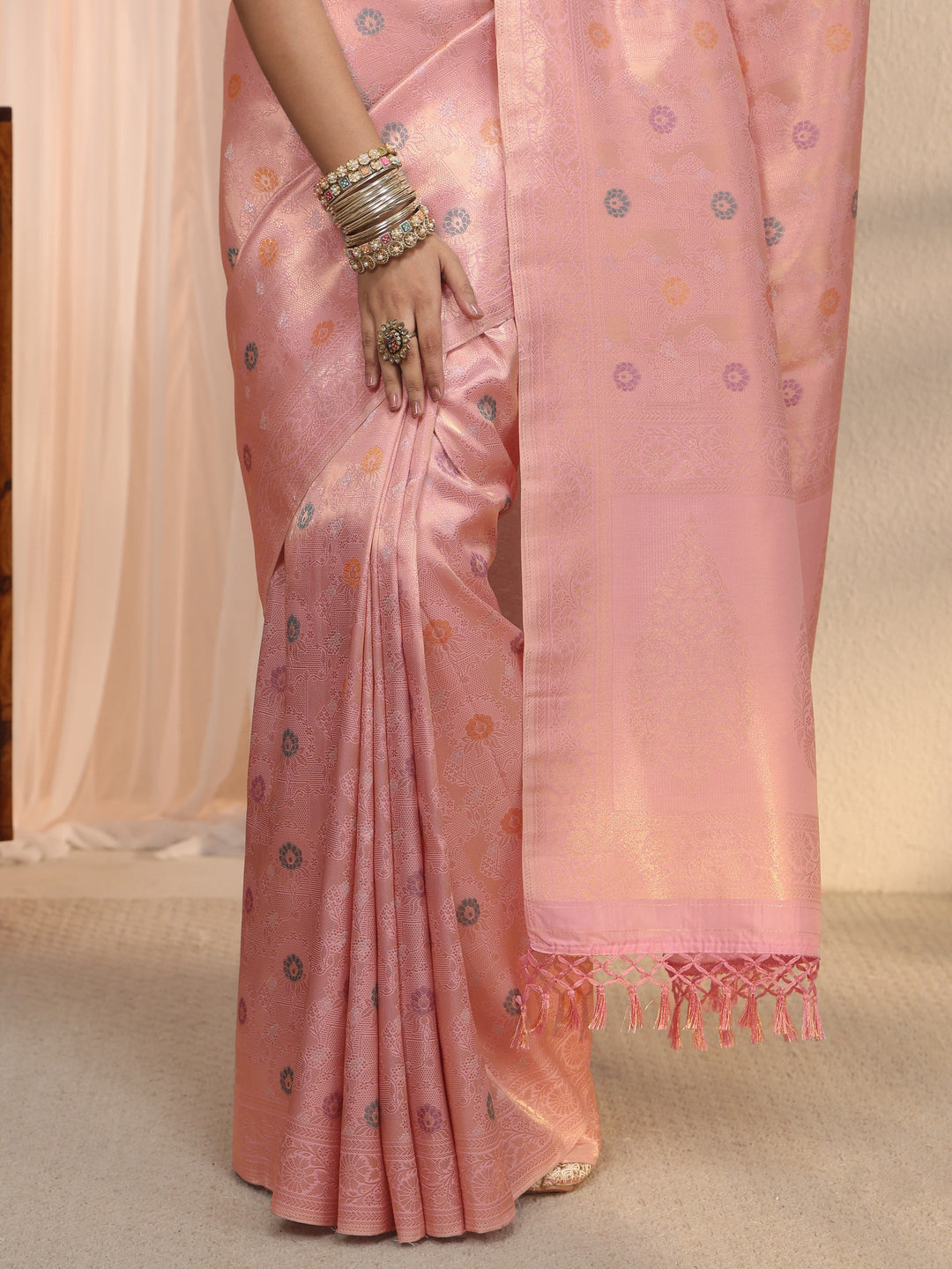  Libas Baby Pink Floral Woven Design Silk Blend Saree 